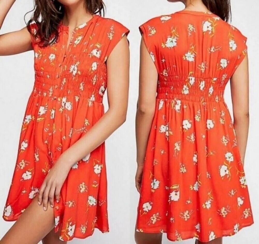 Free People Greatest Day Smocked Mini Dress Red-Orange Medium Cap Sleeve